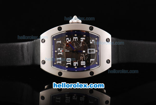 Richard Mille RM007 Silver Case with White Number Markers-Blue Border and Black Leather Strap - Click Image to Close